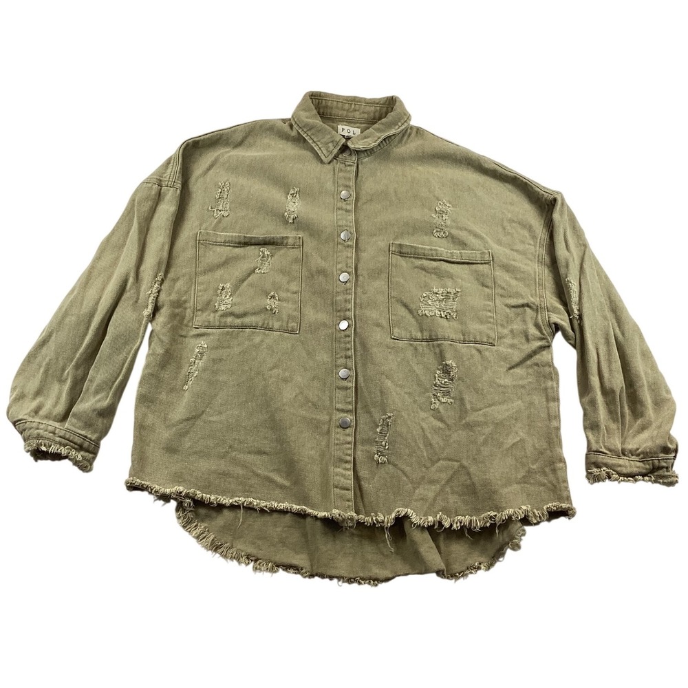 POL Distressed Denim Shirt Jacket Size M Olive Green Raw Hem Star Patch SMT1165D